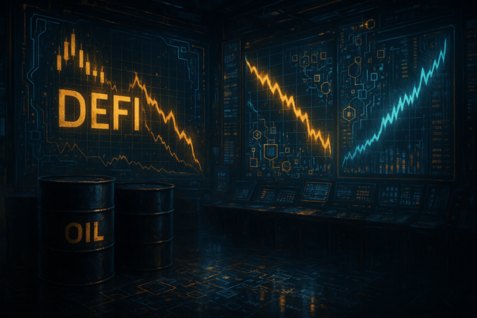 Dramatic oil trading floor scene merged with futuristic crypto DeFi interface