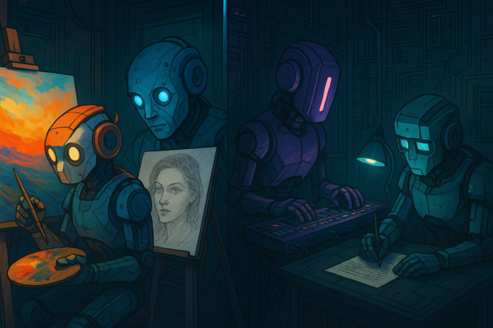 Four AI robots creating art, music, and text