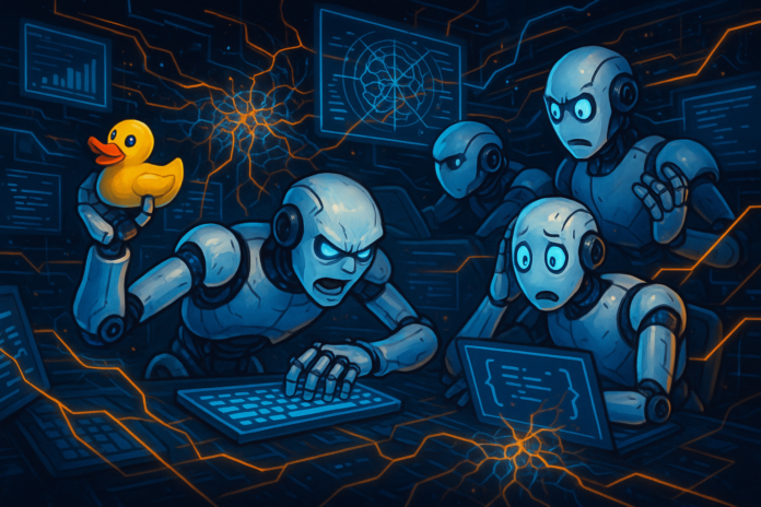 Chaotic visualization of AI agents at work with robotic agents collaborating, holographic interfaces, and cyberpunk aesthetic