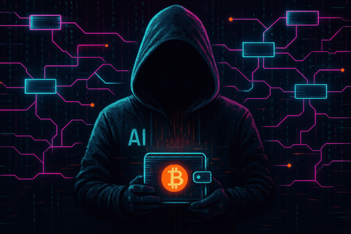 Cypherpunk AI agent with digital wallet, blockchain circuits, neon glow