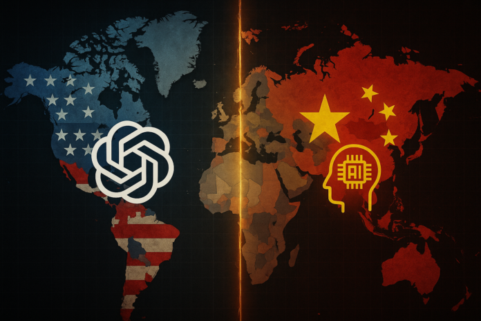 World map divided between American and Chinese AI spheres