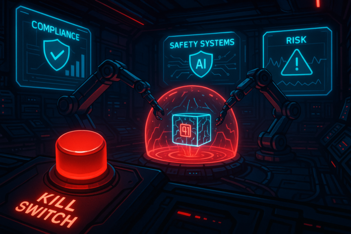 AI Kill Switch - Cyberpunk visualization of AI safety systems with emergency stop button and compliance monitoring dashboards