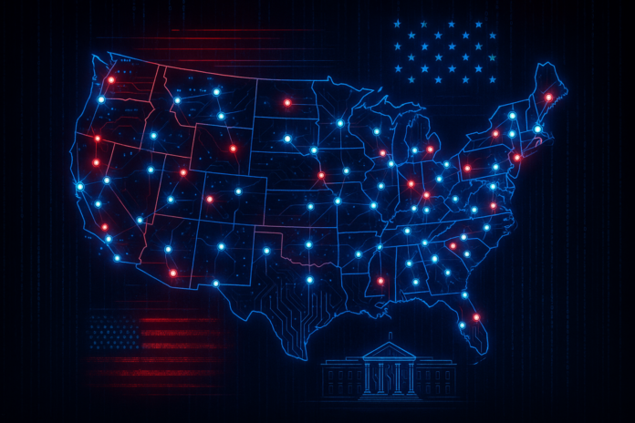 Cypherpunk network map of America with 56 AI hub nodes