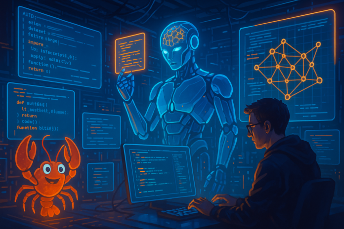 Futuristic AI agent development environment with holographic code interfaces and OpenClaw lobster mascot