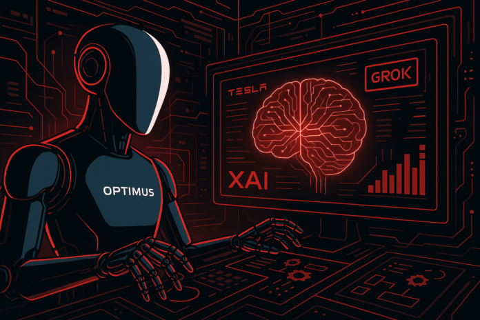 Digital Optimus AI agent concept showing Tesla xAI collaboration with computer control and Grok brain