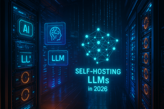 Cyberpunk data center with GPU servers and neural network visualization for self-hosted LLM infrastructure