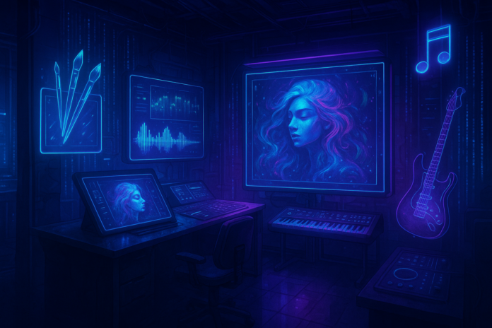 AI creative studio with holographic displays