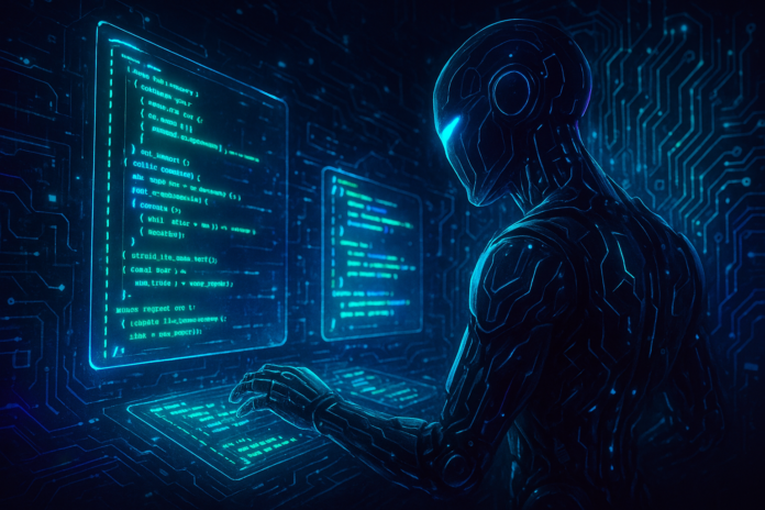 Futuristic AI coding interface with neon blue holographic displays