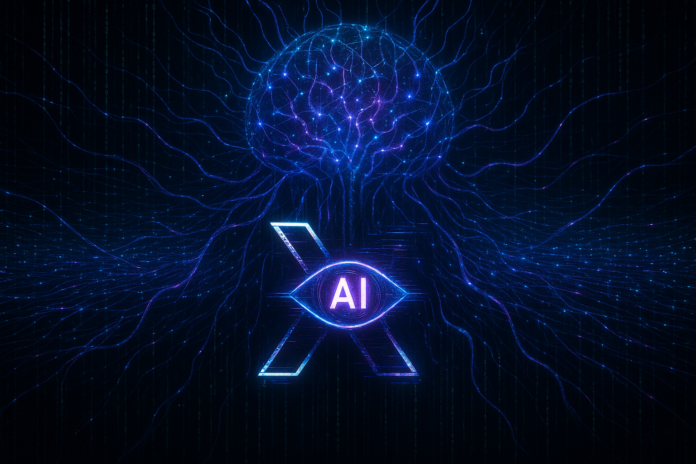 Grok AI taking over X platform with X logo, neural network controlling feed