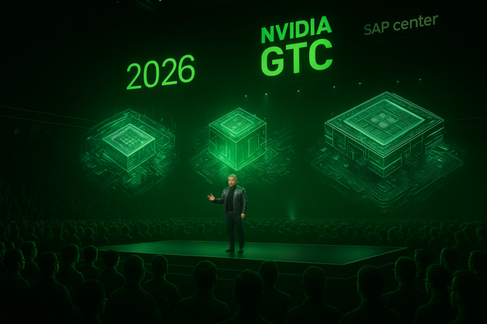 NVIDIA GTC 2026 conference with Jensen Huang keynote and AI chip architecture holograms