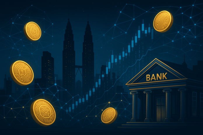 Futuristic visualization of Kenanga Investment Bank digital transformation with KDX tokenized asset platform, Malaysian skyline and blockchain networks