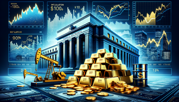 Federal Reserve building with inflation and recession indicators