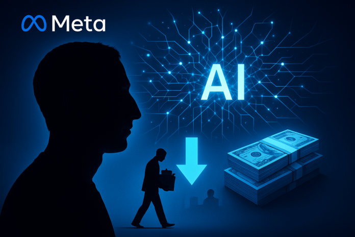 Meta AI spending and layoffs concept showing Zuckerberg with neural networks and tech industry transformation