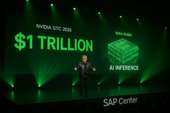 NVIDIA GTC 2026 conference with Jensen Huang keynote and 1 trillion dollar revenue forecast visualization
