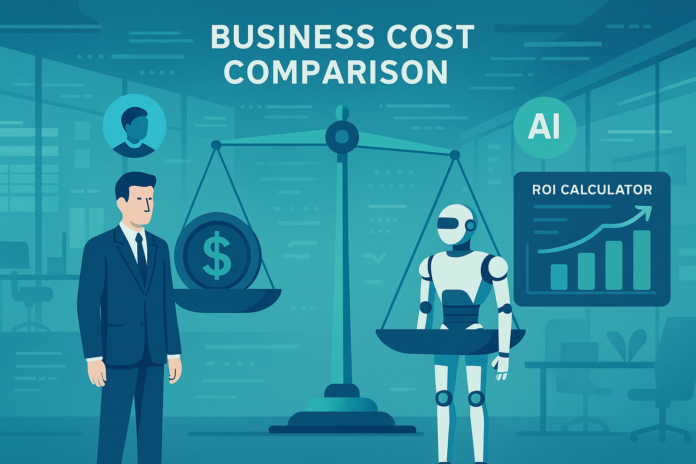 Business cost comparison human employee vs AI robot worker showing money savings and ROI
