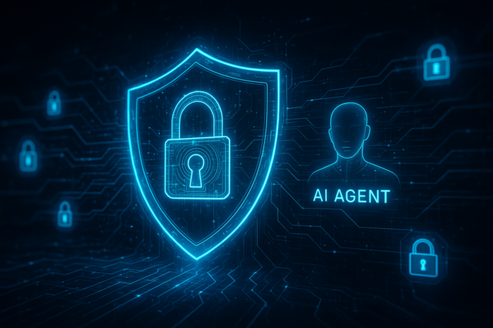 Cyberpunk security shield protecting AI agent systems with holographic locks and secure network connections