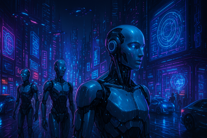 Physical AI Awakening - Cyberpunk visualization of AI robots, autonomous vehicles, and digital infrastructure merging with the physical world