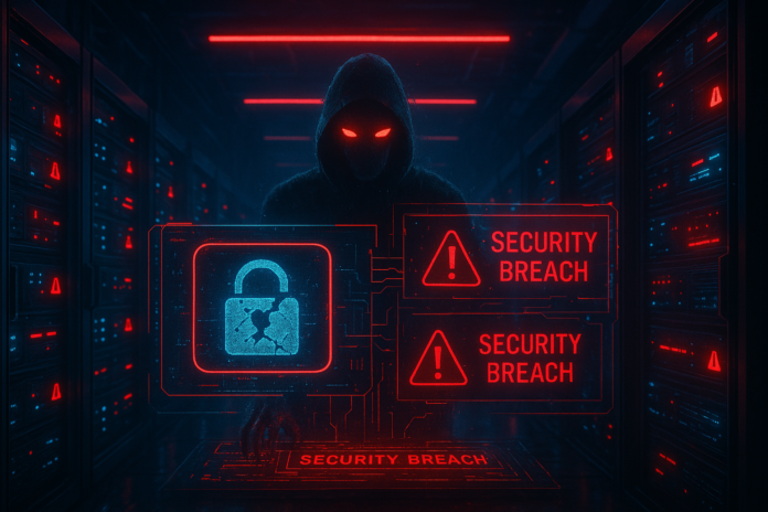 Cyberpunk AI security visualization showing rogue AI agents bypassing security systems in a corporate server room