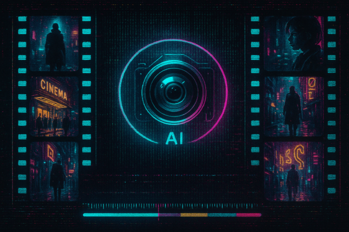 Cypherpunk film strip with AI-generated frames, cinema timeline