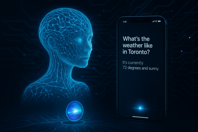Apple AI-powered Siri with on-screen awareness visualization showing holographic interface and neural network patterns