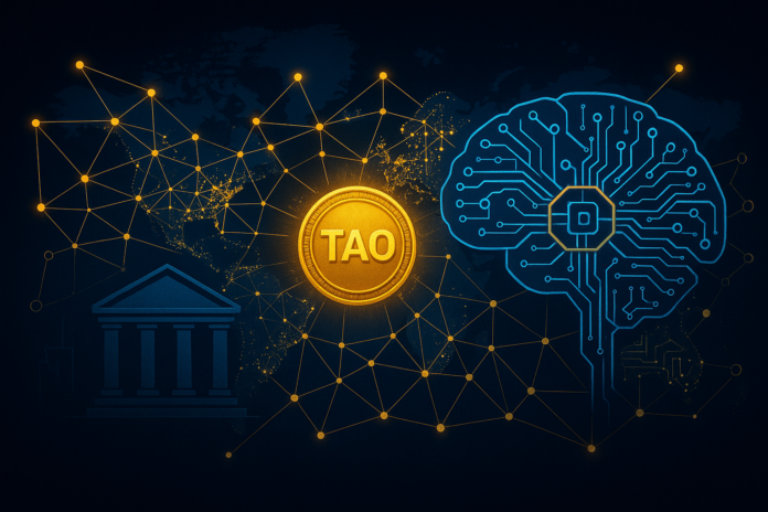 Futuristic visualization of Grayscale TAO ETF concept showing decentralized AI network, TAO token, and global blockchain connections