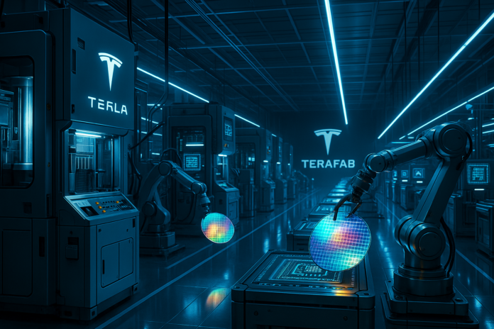 Tesla Terafab semiconductor fabrication facility with advanced chip manufacturing equipment and glowing silicon wafers
