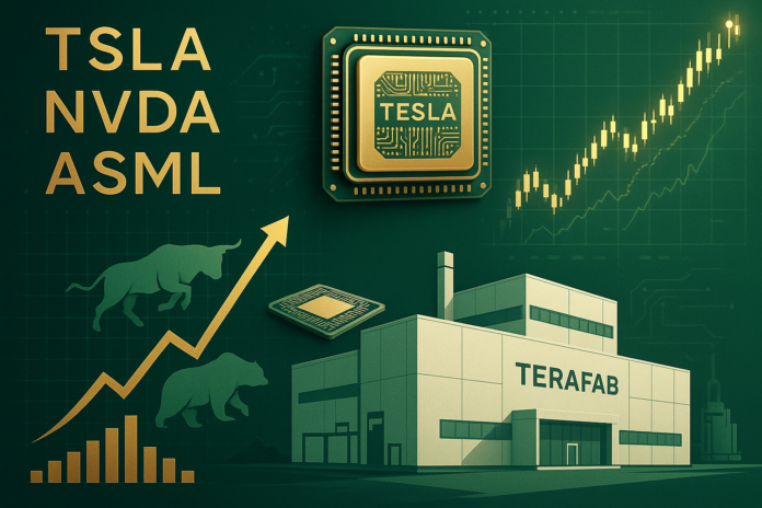 Investment strategy for Tesla Terafab showing stock symbols TSLA NVDA ASML with semiconductor and financial growth imagery