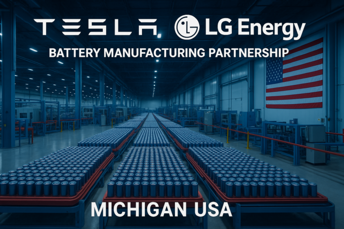 Tesla and LG Energy battery manufacturing partnership with Michigan factory and US flag
