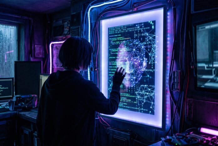 Person looking into mirror showing digital neural network patterns instead of human reflection