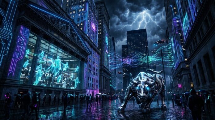 Wall Street financial district with AI digital overlay and cyberpunk atmosphere, representing AI job cuts in banking