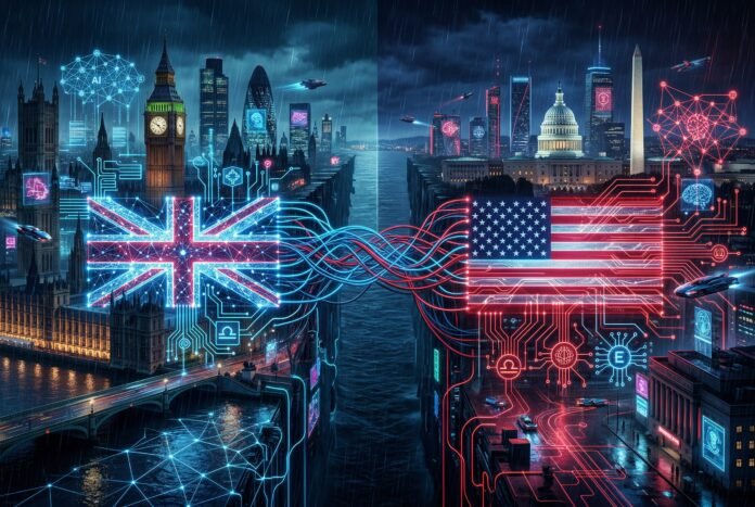 Cyberpunk visualization of UK and US AI geopolitical tension with digital divide and ethical AI themes