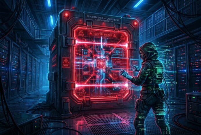 AI system locked in digital vault with cybersecurity theme