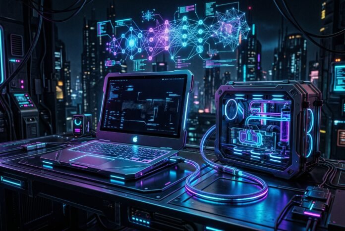 Cyberpunk visualization of Apple Mac computer connected to external GPU for AI training with glowing neural network patterns