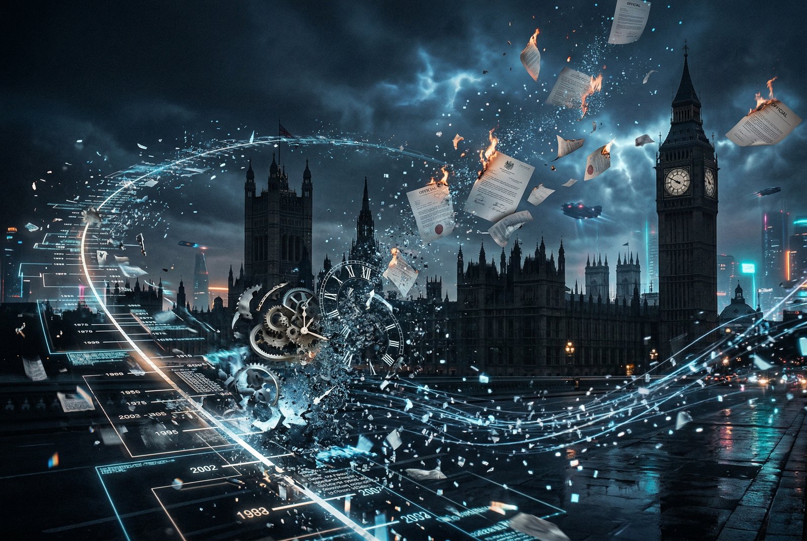 Futuristic visualization of a dissolving timeline representing the UK postponing AI compliance deadlines