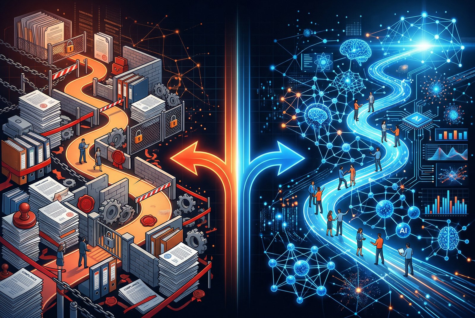 Split visualization showing regulatory framework versus open AI innovation paths diverging
