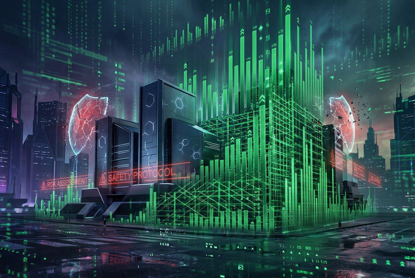 Cyberpunk visualization of AI safety being overtaken by digital growth metrics