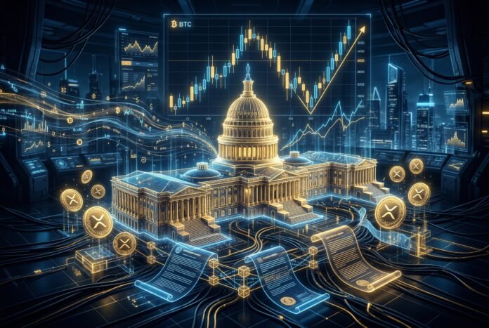 US Capitol with Bitcoin and XRP holographic data visualization representing CLARITY Act legislation