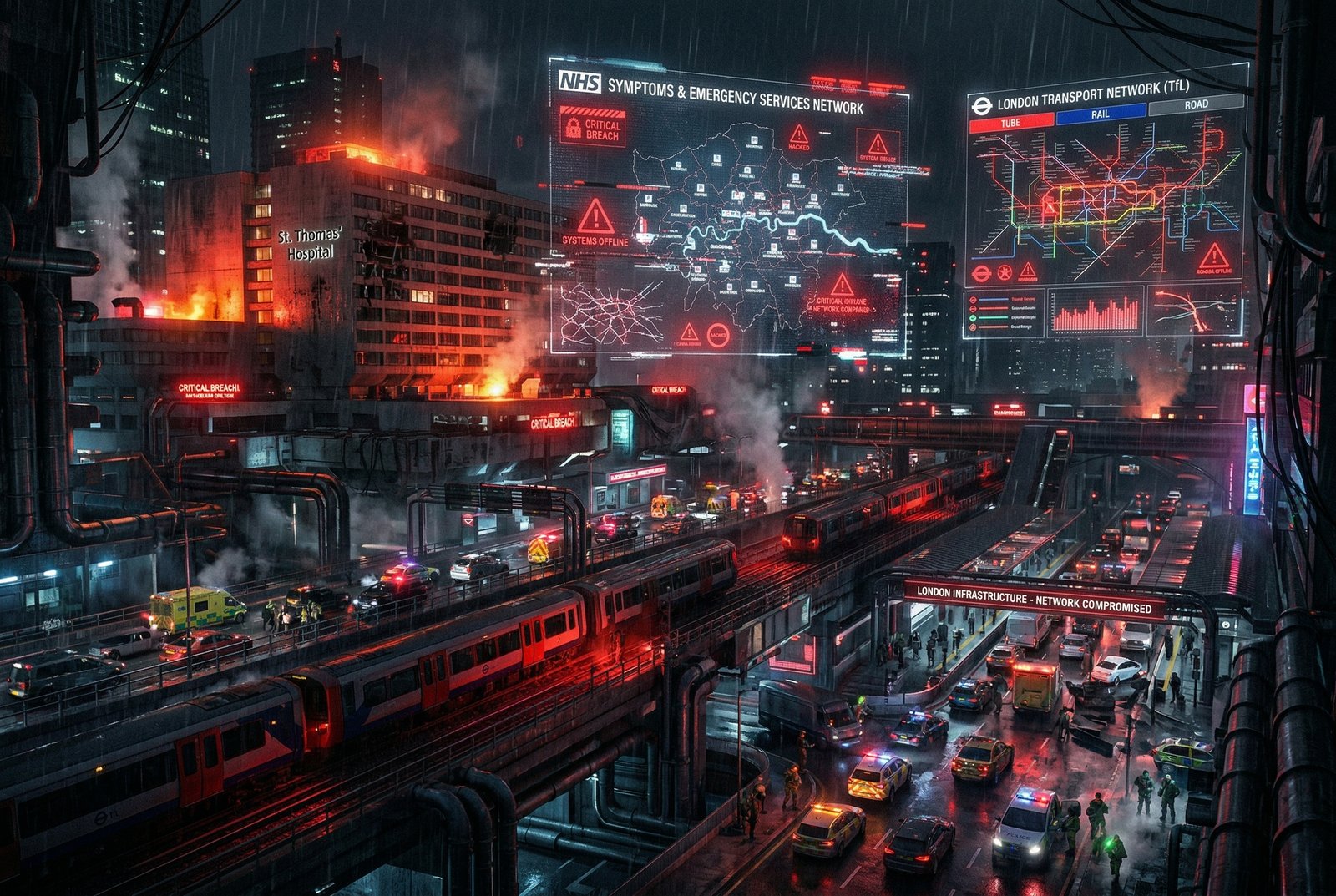 Cyberpunk visualization of hospital and transport infrastructure under cyber attack with red breach indicators
