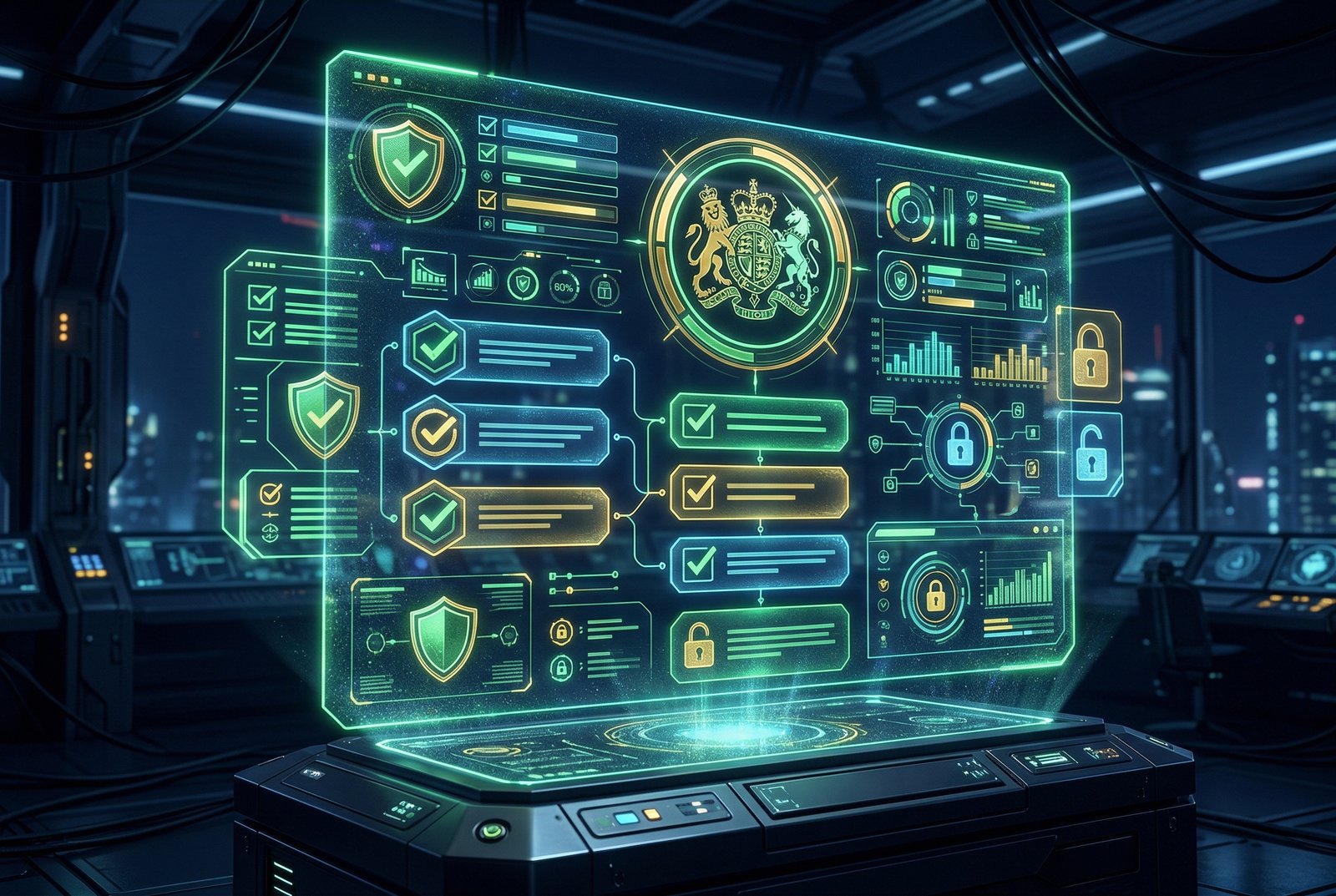 Futuristic compliance dashboard hologram showing MSP cybersecurity checklist and shield icons