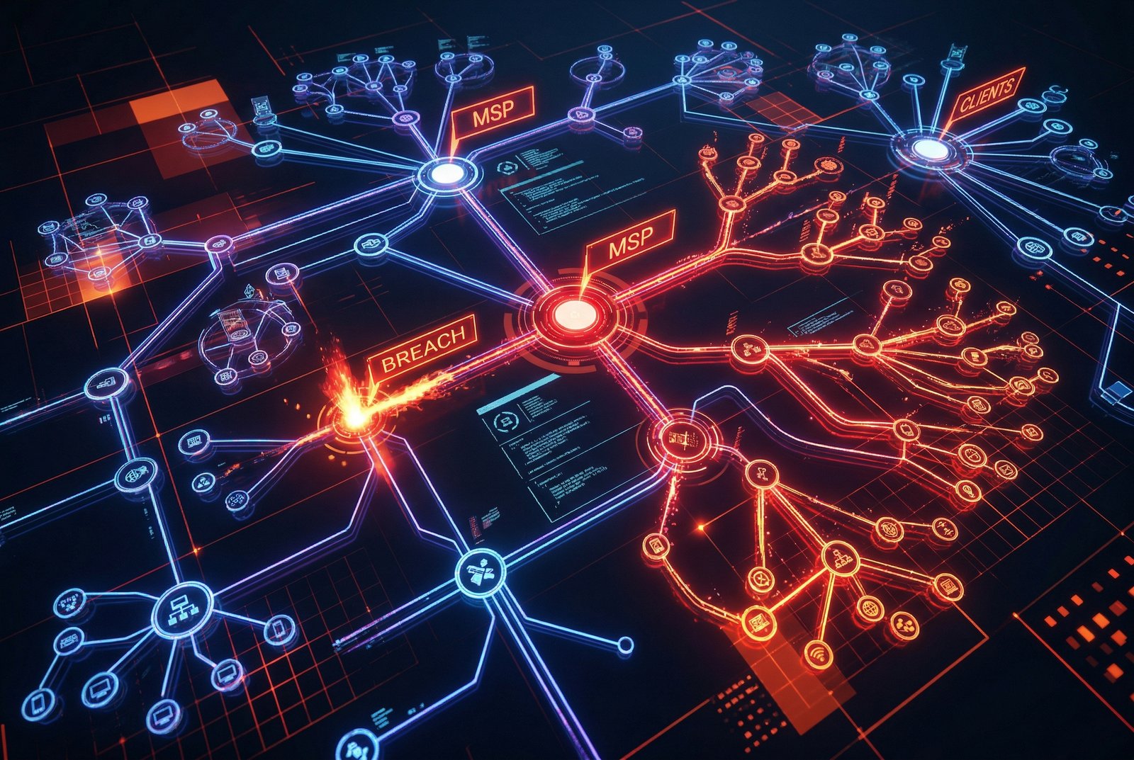 Cyberpunk visualization of supply chain attack vectors spreading through MSP client networks