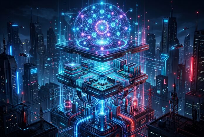 Cyberpunk visualization of vertical AI technology stack with Chinese and American competing ecosystems