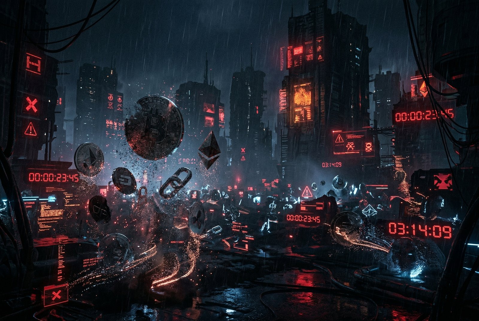 Cyberpunk visualization of failed crypto registrations with dissolving digital coins