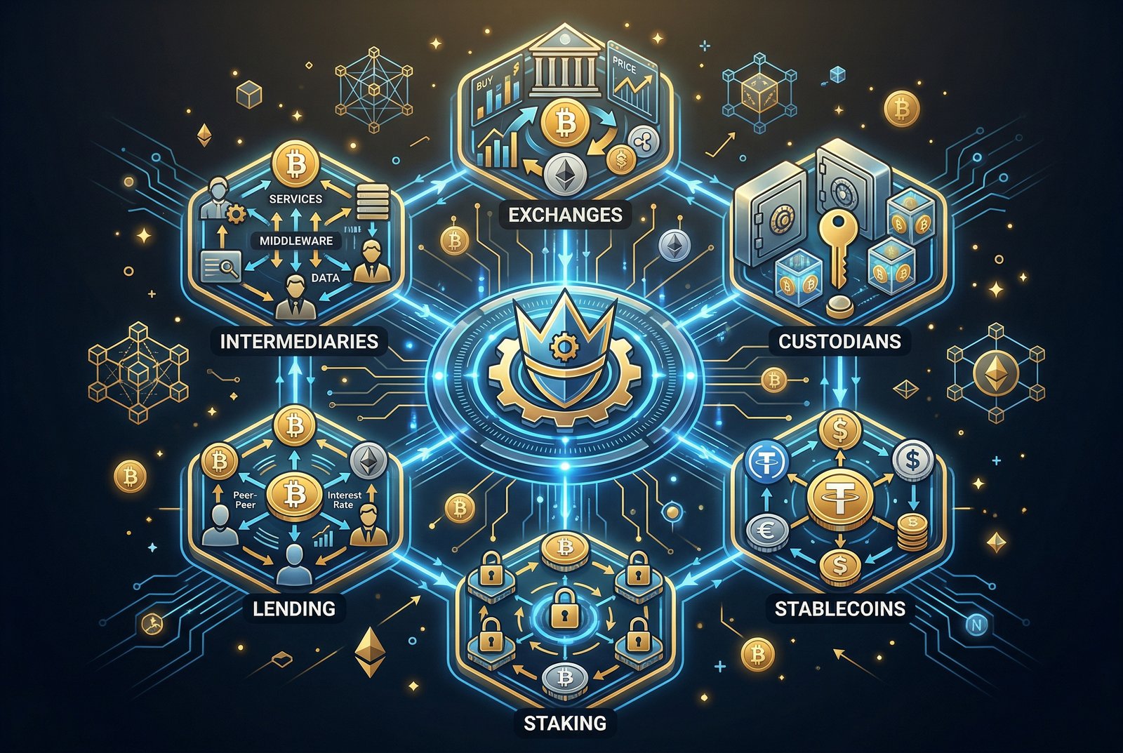 Infographic showing six crypto regulatory categories connected to a central regulatory hub