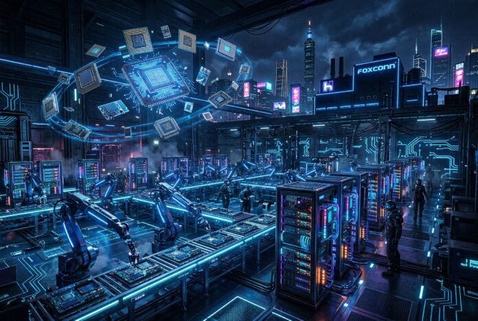 Cyberpunk visualization of Foxconn manufacturing facility with AI server racks and semiconductor production