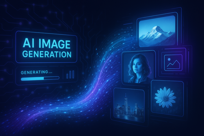 Futuristic AI image generation visualization with neural networks