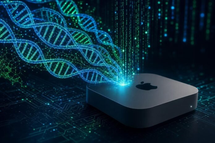 Cyberpunk visualization of DNA double helix strands flowing into a Mac Mini computer, representing portable genome sequencing on consumer hardware