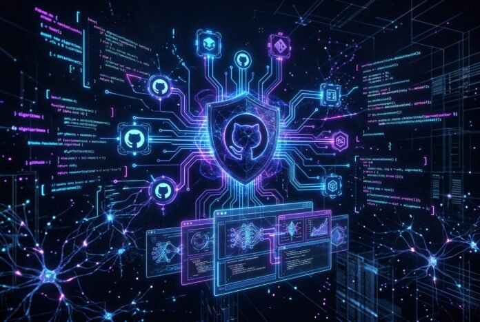 Cyberpunk visualization of GitHub interface with AI neural networks and code repositories