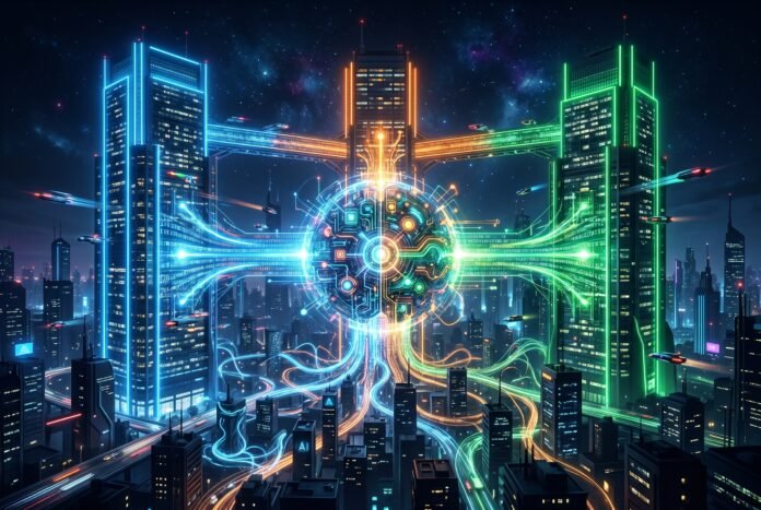 Cyberpunk visualization of tech giants consolidating AI control