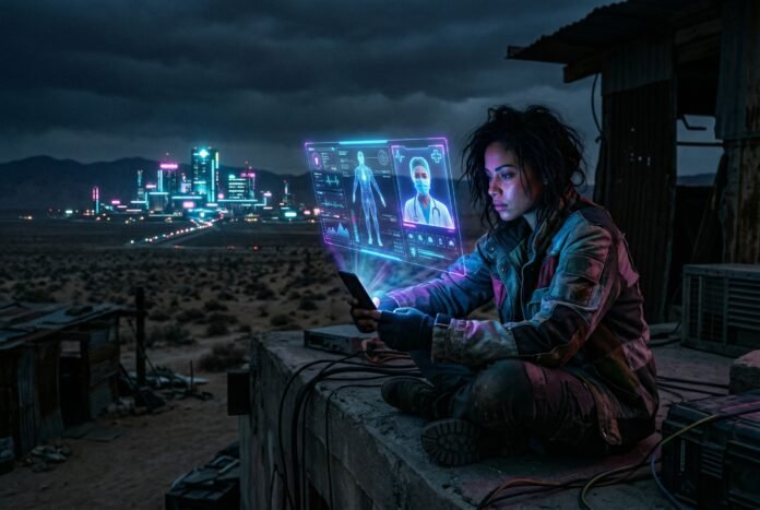Cyberpunk visualization of person using AI for health consultation at night in hospital desert area
