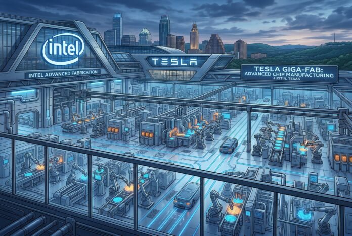 Semiconductor fabrication plant with Intel and Tesla logos